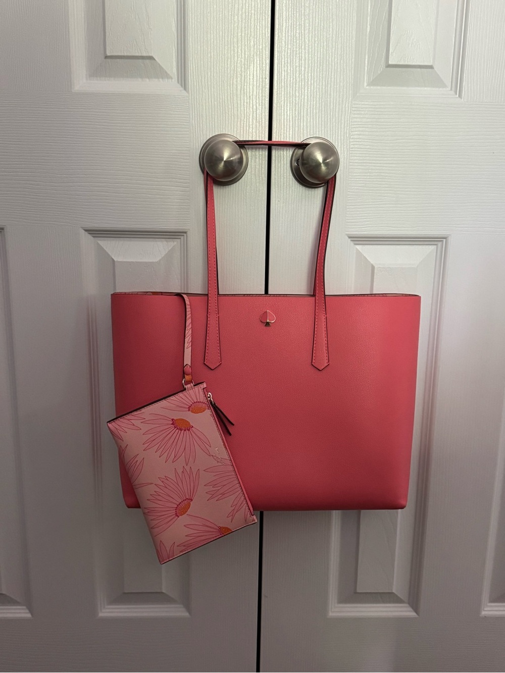 kate spade Coral Pink Leather Tote with Floral Wristlet